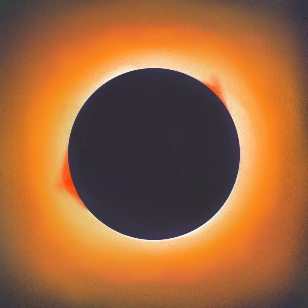 An artistic interpretation of the sun crown during a total eclipse showing many colors such intense yellow, orange and the moon is painted in very dark violet. There are two sun prominences painted in intense neon orange.