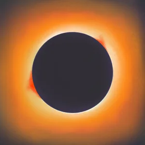 An artistic interpretation of the sun crown during a total eclipse showing many colors such intense yellow, orange and the moon is painted in very dark violet. There are two sun prominences painted in intense neon orange.